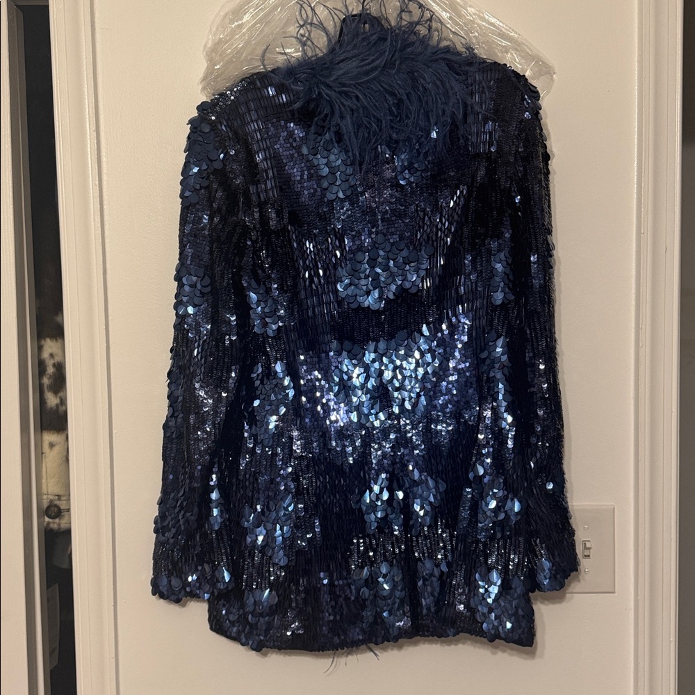 LAPOINTE Blue Blazer Patchwork Sequin Feather Trim Blazer - Picture 12 of 13